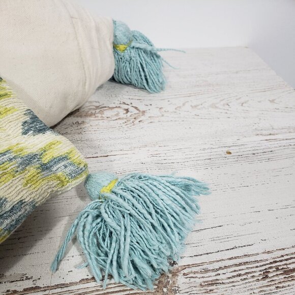 Cotton Blend Tapestry  Blue & Lime Tassled Zippered Pillow Cover Sham  24 X 13.5 - Picture 4 of 7